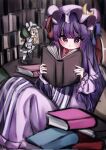  1girl book dress hat highres holding holding_book kirisame_marisa library patchouli_knowledge purple_dress purple_hair reading sitting sneaking striped striped_dress tohou89 touhou violet_eyes 