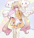  1girl animal_print blonde_hair closed_mouth clouds commentary full_body gradient_hair hair_between_eyes hitsujiya.m holding holding_pillow long_hair long_sleeves looking_at_viewer loose_socks low_twintails magical_girl mahou_shoujo_ikusei_keikaku mahou_shoujo_ikusei_keikaku_unmarked multicolored_hair nemurin object_hug orange_pajamas pajamas pillow pillow_hug pink_hair print_pajamas rabbit_print sleeves_past_fingers sleeves_past_wrists smile socks solo standing star_(symbol) twintails very_long_hair 