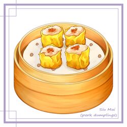  bamboo_steamer border commentary dumpling english_commentary english_text food food_focus food_name no_humans original paper purple_border simple_background still_life white_background yuki00yo 