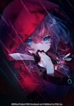  1girl blue_eyes cross cross_necklace dagger dog_tags highres holding holding_dagger holding_knife holding_weapon hood hood_up hooded_jacket jacket jewelry knife looking_at_viewer medium_hair necklace official_art pink_hair rain red_hood red_jacket shimogu solo wang_xue weapon world_dai_star 