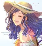  1girl blue_hair butterfly_wings closed_eyes commentary dated facing_viewer happy_birthday hat highres juicelooped long_hair official_alternate_costume open_mouth project_sekai shiraishi_an smile solo star_(symbol) sun_hat teeth the_vivid_old_tale_(project_sekai) upper_body upper_teeth_only wings 