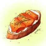  artist_name bread canape_(food) commentary cream_cheese fish_(food) food food_focus green_background no_humans original rosemary_(herb) salmon signature simple_background still_life yuki00yo 