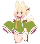  1girl animal_ears bare_shoulders bell blonde_hair closed_mouth collar commentary_request dress folded_ponytail fox_ears fox_girl fox_tail full_body green_dress green_sleeves hair_between_eyes hair_ornament highres jingle_bell kemomimi-chan_(naga_u) long_sleeves looking_at_viewer naga_u neck_bell necktie orange_necktie original purple_collar red_footwear ribbon-trimmed_sleeves ribbon_trim sailor_collar sidelocks simple_background sleeveless sleeveless_dress sleeves_past_fingers sleeves_past_wrists socks solo tabi tail violet_eyes white_background white_sailor_collar white_socks zouri 