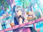 bang_dream! blue_hair blush dress drink food holding_food long_hair matsubara_kanon official_art smile street violet_eyes wink