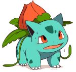  animal_focus claws fang highres inukami_hikari ivysaur no_humans nostrils open_mouth plant pokemon pokemon_(creature) red_eyes signature simple_background solo sweatdrop vines white_background 