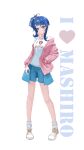  1girl absurdres ayesha618 blue_eyes blue_hair blue_shorts bubble_blowing chewing_gum hair_ribbon highres hirogaru_sky!_precure jacket pink_jacket precure ribbon shirt shorts side_ponytail socks sora_harewataru white_shirt white_socks yellow_footwear 