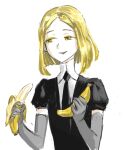  1other androgynous banana black_necktie blonde_hair collared_shirt commentary_request elbow_gloves food fruit gem_uniform_(houseki_no_kuni) gloves grey_gloves holding holding_food holding_fruit houseki_no_kuni looking_to_the_side medium_hair necktie open_mouth other_focus pero_(sabuaka_bacon) puffy_short_sleeves puffy_sleeves shirt short_hair short_sleeves simple_background smile solo upper_body white_background white_shirt yellow_diamond_(houseki_no_kuni) yellow_eyes 