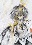  1girl black_hair calligraphy_brush hat highres ikeda_ruriko looking_at_viewer medium_hair one_eye_covered paintbrush painting_(medium) pom_pom_(clothes) red_headwear shameimaru_aya shirt solo tokin_hat touhou traditional_media white_shirt 