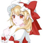  1girl blonde_hair closed_mouth coin flandre_scarlet from_side hat hat_ribbon highres holding holding_coin looking_at_viewer looking_to_the_side medium_hair miyangoroge pointy_ears puffy_short_sleeves puffy_sleeves red_eyes red_ribbon red_vest ribbon shirt short_sleeves simple_background solo touhou upper_body vest white_background white_headwear white_shirt wrist_cuffs 
