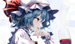  1girl blue_hair commentary cup drinking_glass fingernails from_side hat hat_ribbon highres parted_lips red_eyes red_nails red_ribbon remilia_scarlet ribbon short_hair solo touhou upper_body white_background white_headwear wine_glass wrist_cuffs yamanakaume 