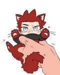  1boy animal_ears blue_eyes blush boku_no_hero_academia cat_boy cat_ears cat_tail chibi dokonodoitsuya endeavor_(boku_no_hero_academia) facial_hair kemonomimi_mode looking_at_viewer lying male_focus motion_lines no_scar on_back paw_pose pov_adoring red_fur solo_focus spiky_hair stubble tail 