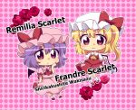  2girls ascot bat_wings blonde_hair breasts character_name chibi closed_mouth collared_shirt comiket_82 detached_wings flandre_scarlet flower frilled_shirt_collar frills full_body hair_between_eyes hand_on_own_cheek hand_on_own_face hat hatsune_(pumpkin_pie) looking_at_viewer mary_janes medium_hair mob_cap multicolored_wings multiple_girls one_side_up pink_background pink_eyes pink_headwear pink_shirt pink_skirt pink_socks puffy_short_sleeves puffy_sleeves purple_hair red_ascot red_flower red_footwear red_rose red_skirt red_vest remilia_scarlet rose shirt shoes short_sleeves siblings sisters skirt skirt_set small_breasts socks touhou vest white_headwear white_shirt white_socks wings yellow_ascot 