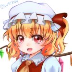  1girl ascot blonde_hair collared_shirt crystal flandre_scarlet frilled_shirt_collar frills hat hat_ribbon highres looking_at_viewer medium_hair mob_cap multicolored_wings one_side_up open_mouth puffy_short_sleeves puffy_sleeves red_eyes red_ribbon red_vest ribbon sashimin_(sacchan1818) shirt short_sleeves simple_background solo touhou upper_body vest white_background white_headwear wings yellow_ascot 