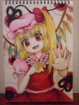  1girl ascot blonde_hair cowboy_shot crystal eyeball fangs flandre_scarlet frilled_shirt_collar frills hand_on_own_chest hat head_tilt laevatein_(touhou) looking_at_viewer medium_hair mob_cap multicolored_wings one_side_up open_mouth photo_(medium) pink_headwear pink_shirt puffy_short_sleeves puffy_sleeves red_eyes red_ribbon red_skirt red_vest ribbon ribbon-trimmed_headwear ribbon_trim shirt short_sleeves skirt skirt_set solo takano48 touhou traditional_media vest wings yellow_ascot 