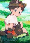  1boy blue_sky brown_gloves brown_hair child clouds cloudy_sky english_commentary gloves highres looking_at_viewer looking_back male_child male_focus mixed-language_commentary nemui_(nemuriyagi) on_grass original shirt short_hair short_sleeves shorts sitting_on_tree_stump sky solo tail white_shirt wolf_boy wolf_tail 