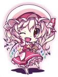  1girl ;d ascot bat_(animal) blonde_hair chibi fang flandre_scarlet full_body hat hat_ribbon holding holding_stuffed_toy long_hair looking_at_viewer lumine_(2339) mob_cap multicolored_wings one_eye_closed one_side_up open_mouth pointing puffy_short_sleeves puffy_sleeves red_ribbon red_skirt red_vest ribbon shirt short_sleeves simple_background skirt skirt_set smile solo stuffed_animal stuffed_toy teddy_bear touhou vest white_background white_headwear white_shirt wings yellow_ascot 