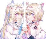  2girls absurdres ahoge animal_ear_fluff animal_ears belt_collar blonde_hair blue_eyes chain collar dog_ears dog_girl fake_claws fuwawa_abyssgard headband headphones headphones_around_neck highres hololive hololive_english interlocked_fingers long_hair looking_at_viewer mococo_abyssgard multicolored_hair multiple_girls pink_eyes pink_headband short_hair siblings simple_background sisters smile sowon streaked_hair twins virtual_youtuber 