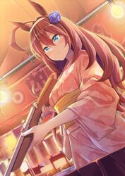  1girl ahoge animal_ears blue_eyes brown_hair closed_mouth cork_gun fingernails hair_between_eyes highres holding horse_ears horse_girl japanese_clothes kimono long_hair long_sleeves mihono_bourbon_(umamusume) murasaki_himuro obi pink_kimono sash solo summer_festival toy_gun umamusume upper_body wide_sleeves 