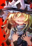  1girl absurdres blonde_hair commentary_request hair_over_one_eye hat highres kirisame_marisa long_hair looking_at_viewer open_mouth puffy_short_sleeves puffy_sleeves red_background red_eyes short_sleeves solo tears teeth tigern touhou turtleneck upper_body upper_teeth_only witch_hat 