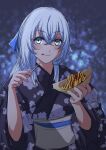  1girl blue_eyes bow double-parted_bangs eiyuu_densetsu food hair_between_eyes hair_bow highres japanese_clothes kimono konohannunopencil kuro_no_kiseki licking_lips looking_at_viewer shizuna_rem_misurugi smile solo takoyaki tongue tongue_out toothpick white_hair yukata 