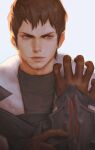  1boy adventurer_(ff14) ardbert_(ff14) black_hair blue_eyes bread final_fantasy final_fantasy_xiv food gloves highres hyur kenny_(poe90) muscular muscular_male shirt upper_body warrior_of_light_(ff14) 