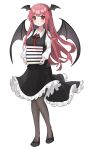  1girl bat_wings black_footwear black_pantyhose black_skirt black_vest book collared_shirt commentary frilled_skirt frills full_body head_wings highres holding holding_book koakuma long_hair long_sleeves looking_at_viewer machimo multiple_wings necktie pantyhose pink_hair red_eyes red_necktie shirt simple_background skirt solo touhou vest white_background white_shirt wings 