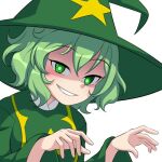  1girl adapted_costume bmkro dress english_commentary ghost_pose green_dress green_eyes green_hair green_headwear grin hat looking_at_viewer lowres shaded_face short_hair simple_background smile soga_no_tojiko solo star_(symbol) touhou upper_body white_background wide_sleeves witch_hat 