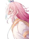  1girl aubrey_(omori) blush closed_eyes crying from_side hairband highres jacket long_hair meguritekuruhi omori open_mouth pink_hair short_sleeves simple_background solo teeth tongue upper_body white_background white_jacket 