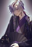  1boy black_gloves black_kimono fuwa_minato gloves highres japanese_clothes kimono long_hair makeup male_focus multicolored_hair nijisanji purple_hair redhead solo violet_eyes virtual_youtuber 