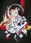  1girl calligraphy_brush chain cube gourd hair_ribbon highres holding_gourd horns ibuki_suika ikeda_ruriko long_hair looking_at_viewer oni_horns orange_eyes orange_hair orb paintbrush painting_(medium) pyramid_(geometry) red_ribbon ribbon solo touhou traditional_media 