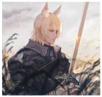  1boy animal_ear_fluff animal_ears arknights black_coat blonde_hair blurry blurry_foreground border clouds cloudy_sky coat dated frown gauntlets grey_sky holding holding_sword holding_weapon horse_boy horse_ears looking_to_the_side male_focus mlynar_(arknights) oisyox72 outdoors rain reeds short_hair signature sky solo sparkle sword upper_body weapon yellow_eyes 