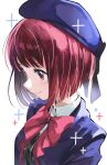  1girl absurdres arima_kana beret black_ribbon blue_jacket blunt_bangs bob_cut bow bowtie commentary from_side hat hat_bow hat_ribbon highres jacket long_sleeves looking_to_the_side medium_hair oshi_no_ko pink_bow pink_bowtie red_eyes redhead ribbon school_uniform shion_(1016_shio) shirt smile solo upper_body white_background white_shirt wing_collar youtou_high_school_uniform 