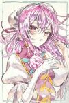  1girl \||/ absurdres bandaged_arm bandages bun_cover flower hair_between_eyes hair_bun hands_up highres ibaraki_kasen long_hair looking_at_viewer navybluesparrow painting_(medium) parted_lips pink_eyes pink_flower pink_hair pink_rose puffy_short_sleeves puffy_sleeves rose shirt short_sleeves sidelocks solo tabard touhou traditional_media upper_body watercolor_(medium) white_shirt 