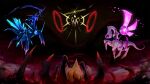  absurdres arceus black_sclera colored_sclera commentary dialga energy energy_ball eye_trail giratina glint glowing glowing_eyes highres horns jcstr light_trail night no_humans outdoors palkia pokemon pokemon_(creature) red_eyes 