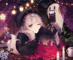  1girl black_hoodie candle commentary curtains ema_yutaka ghost grey_hair hood hoodie long_hair nijisanji nijisanji_en one_eye_closed pink_eyes poppi_(reimu_endou) reimu_endou reimu_endou_(1st_costume) sleeves_past_fingers sleeves_past_wrists smile solo symbol-only_commentary very_long_hair virtual_youtuber 