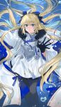  1girl :o absurdres ahoge aqua_hair arm_at_side armor black_bow black_gloves black_pantyhose blonde_hair blue_eyes blue_ribbon bow breastplate bubble capelet crying crying_with_eyes_open dress fate/grand_order fate_(series) fur-trimmed_capelet fur_trim gloves gold_trim gradient_hair hair_bow hand_up highres long_hair long_sleeves looking_at_viewer multicolored_hair open_mouth outstretched_hand pantyhose ponytail reaching reaching_towards_viewer red_ribbon ribbon short_dress solo spiked_armor striped striped_ribbon tears tonelico_(fate) two-tone_bow two-tone_capelet two-tone_sleeves underwater white_capelet white_dress wide_sleeves yurumawari 