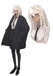  1girl alternate_costume black_footwear black_necktie dark-skinned_female dark_skin execneet full_body guilty_gear guilty_gear_strive highres long_hair looking_at_viewer necktie orange_eyes ramlethal_valentine shirt simple_background standing white_background white_hair white_shirt 