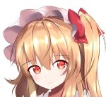  1girl blonde_hair closed_mouth flandre_scarlet hair_between_eyes hat light_smile looking_at_viewer lutuan_kino medium_hair mob_cap one_side_up portrait red_eyes solo touhou white_background white_headwear 
