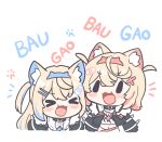  &gt;_&lt; 2girls :d animal_ear_fluff animal_ears bandaid_hair_ornament belt_collar blonde_hair blue_hair blush chibi closed_eyes collar commentary dog_ears dog_girl english_text facing_viewer fuwawa_abyssgard hair_ornament hairclip highres hololive hololive_english long_hair long_sleeves medium_hair mococo_abyssgard multicolored_hair multiple_girls notice_lines open_mouth shirt siblings simple_background sisters smile snowmya streaked_hair twins two_side_up virtual_youtuber white_background white_shirt x_hair_ornament 