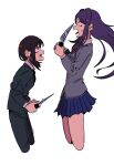  2girls 31ulku_bo black_necktie blue_skirt brown_hair chainsaw_man crossover doki_doki_literature_club grey_jacket higashiyama_kobeni highres holding holding_knife jacket knife long_hair miniskirt multiple_girls necktie purple_hair screaming shaking short_hair skirt sweat white_background yuri_(doki_doki_literature_club) 