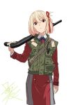  1girl ammunition_belt blonde_hair blue_ribbon bob_cut closed_mouth collared_shirt commentary cowboy_shot dress grey_dress gun hair_between_eyes hair_ribbon holding holding_gun holding_weapon long_hair looking_at_viewer lycoris_recoil lycoris_uniform neck_ribbon nishikigi_chisato one_side_up pleated_dress red_dress red_eyes red_ribbon ribbon shirt short_hair shotgun simple_background solo taku1122 two-tone_dress weapon weapon_request white_background white_shirt 