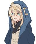 1girl androgyne_symbol aqua_eyes blonde_hair bridget_(guilty_gear) execneet female_focus guilty_gear guilty_gear_strive habit hood hood_up hooded_jacket hoodie jacket looking_at_viewer medium_hair open_clothes open_hoodie open_mouth simple_background smile upper_body white_background 