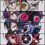  4boys artist_request barcode black_hair blonde_hair blue_eyes chain character_request colored_inner_hair earpiece from_side gradient_hair grey_background highres jacket looking_at_viewer mask multicolored_hair multiple_boys nijisanji profile purple_hair red_eyes redhead respirator shirt solo two-tone_hair virtual_youtuber voltaction yellow_eyes 