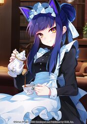  1girl animal_ears apron black_dress blue_hair cat_ears cup dress hair_bun highres juliet_sleeves long_hair long_sleeves looking_at_viewer maid name_(oiuio) official_art puffy_sleeves senju_koyomi sidelocks single_hair_bun smile solo tea teacup teapot white_apron world_dai_star yellow_eyes 