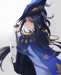  1girl blue_cape blue_headwear cape clorinde_(genshin_impact) closed_mouth epaulettes feathers genshin_impact gloves gun hat hat_feather highres holding holding_gun holding_weapon kyes long_hair looking_at_viewer shoulder_cape simple_background solo tricorne upper_body v-shaped_eyebrows violet_eyes weapon white_background white_gloves 