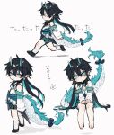  3boys bare_shoulders black_gloves black_hair chibi chinese_clothes dan_heng_(honkai:_star_rail) dan_heng_(imbibitor_lunae)_(honkai:_star_rail) detached_sleeves dragon dragon_boy dragon_horns dragon_tail earrings elbow_gloves fingerless_gloves gloves green_eyes green_horns green_pants grey_shirt hara_pan-kun highres honkai:_star_rail honkai_(series) horns jewelry long_hair long_sleeves male_focus multiple_boys pants pointy_ears profile red_eyeliner shirt shorts simple_background single_earring standing tail traditional_clothes very_long_hair white_sleeves 