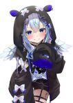  1girl amane_kanata amane_kanata_(6th_costume) angel angel_wings black_hoodie choker hair_ornament halo highres hololive hood hoodie print_shirt roridaitouryou shirt sweater violet_eyes virtual_youtuber wings 