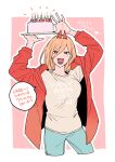  1girl arms_up birthday_cake blonde_hair cake candle chainsaw_man cross-shaped_pupils flat_color food happy_birthday highres hood hoodie long_hair looking_at_viewer ohisama33ohayo3 open_mouth orange_eyes power_(chainsaw_man) red_hoodie sharp_teeth smile solo symbol-shaped_pupils teeth 