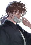  1boy bespectacled black_jacket blue_ribbon brown_hair chromatic_aberration closed_mouth facial_hair fate/grand_order fate_(series) glasses grey_eyes hair_between_eyes hector_(fate) jacket long_hair male_focus mask mask_pull messy_hair mouth_mask ponytail ribbon shirt solo stubble tumikilondon5 upper_body white_background white_mask white_shirt 