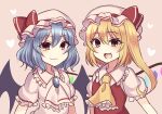  2girls :3 ascot bat_wings black_wings blonde_hair blue_hair brown_eyes closed_mouth collared_shirt fangs flandre_scarlet frilled_ascot frilled_shirt_collar frilled_sleeves frills hair_between_eyes hat hat_ribbon heart highres long_hair looking_at_viewer medium_hair mob_cap multicolored_wings multiple_girls open_mouth pink_ascot pink_background pink_shirt puffy_short_sleeves puffy_sleeves red_ribbon red_vest remilia_scarlet ribbon shirt short_sleeves siblings simple_background sisters subaru_(subachoco) touhou upper_body vest white_headwear white_shirt wings yellow_ascot 